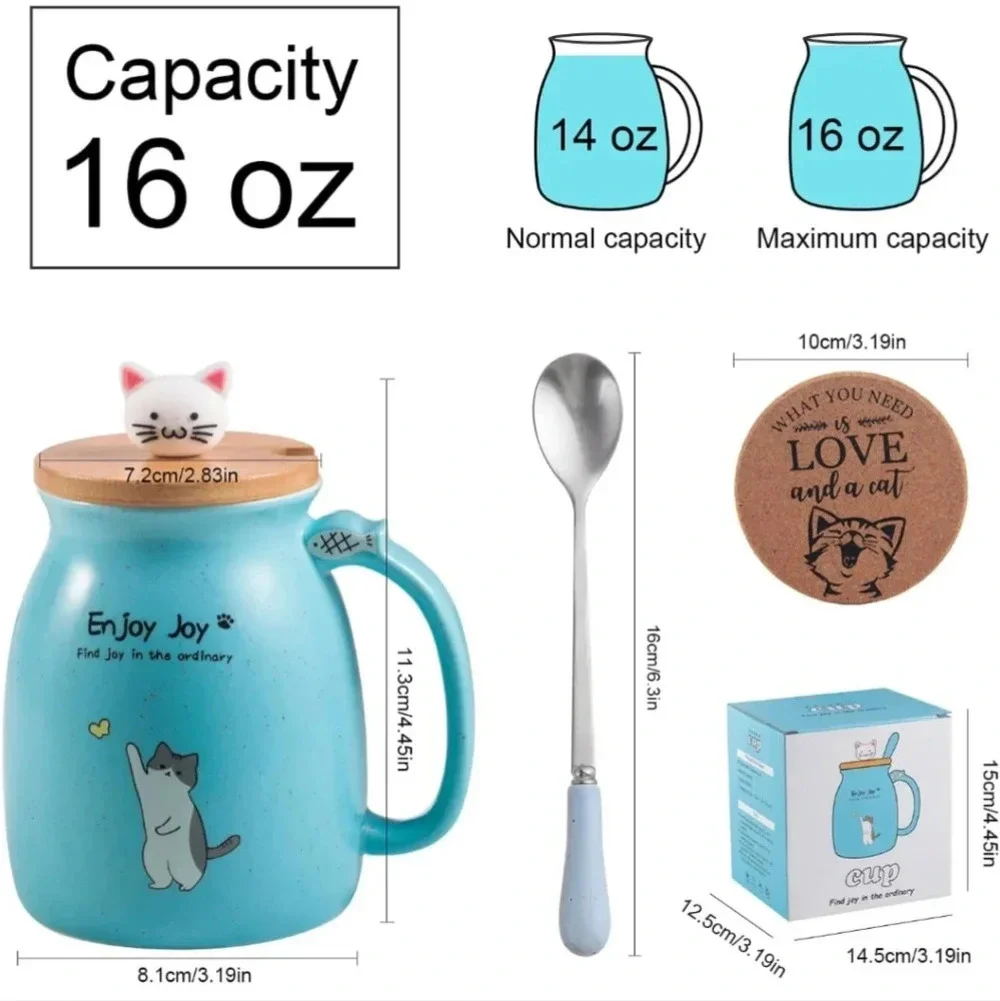 Cute Cat Cup Ceramic Coffee Mug with Kawaii Cat Wooden Lid, Lovely Stainless Ste